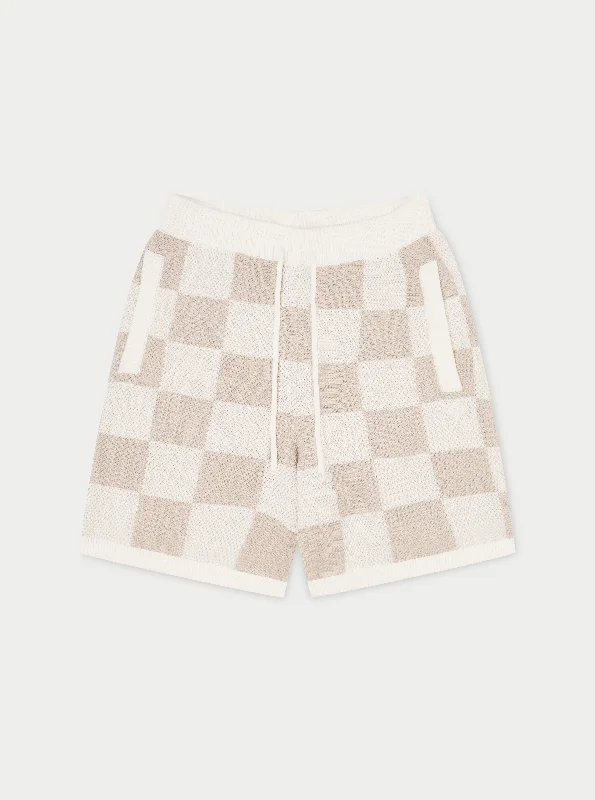 KNITTED CHECKERBOARD SHORTS - OFF WHITE