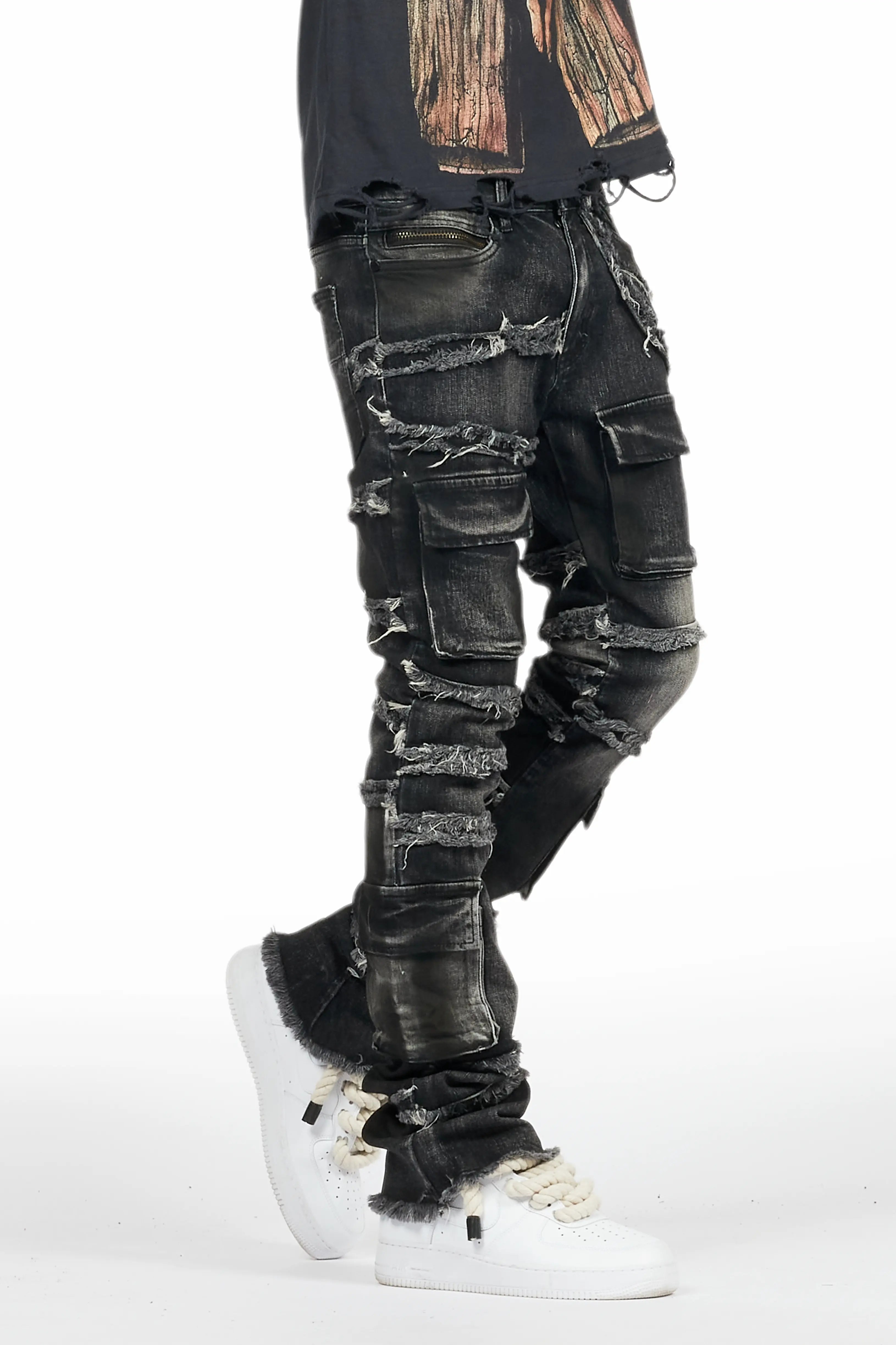 Yves Black Stacked Flare Cargo Jean