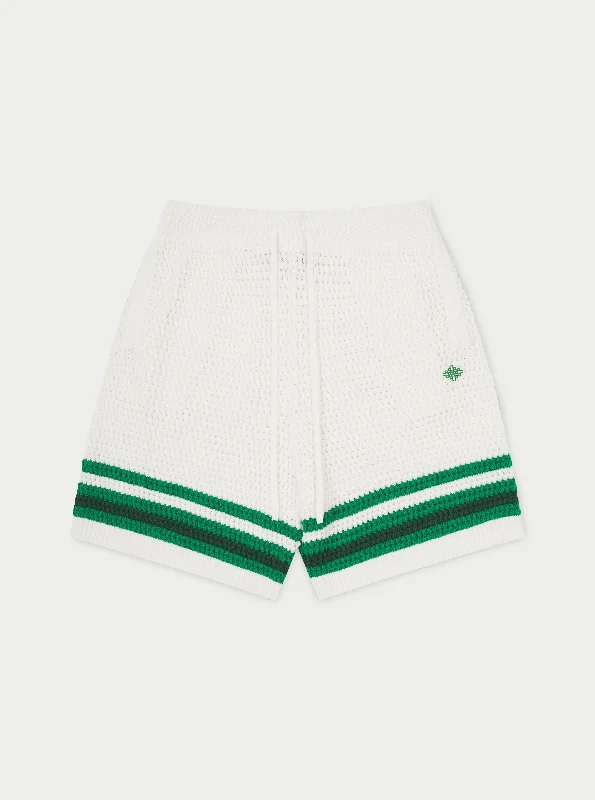 STRIPE TRIM CROCHET KNITTED SHORTS - WHITE