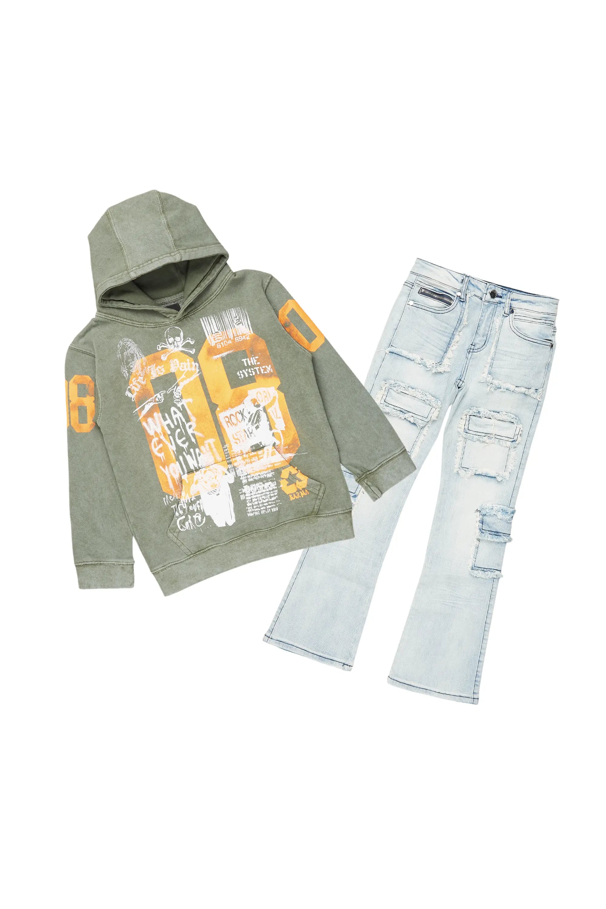 Boys Beau Vintage Green Hoodie/Stacked Flare Jean Set