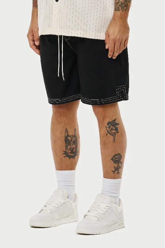 CONTRAST STITCH WOVEN SHORTS - BLACK