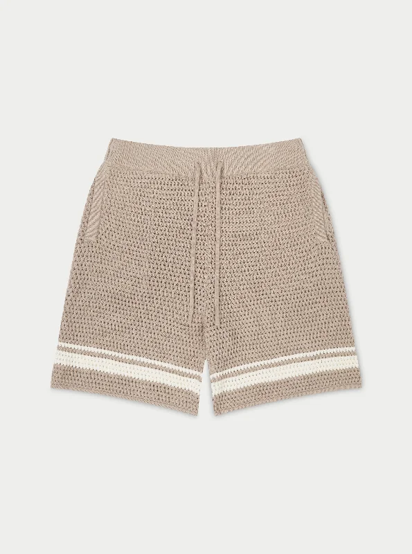 CROCHET KNITTED CONTRAST STRIPE SHORTS - BROWN